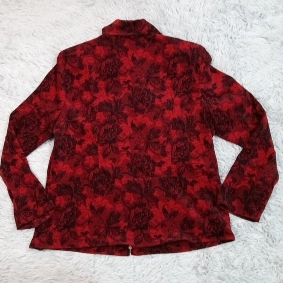 Notations Womens Jacket Red Petite Large Floral Zip Up Shoulder Pads Stretch PL - Picture 2 of 13